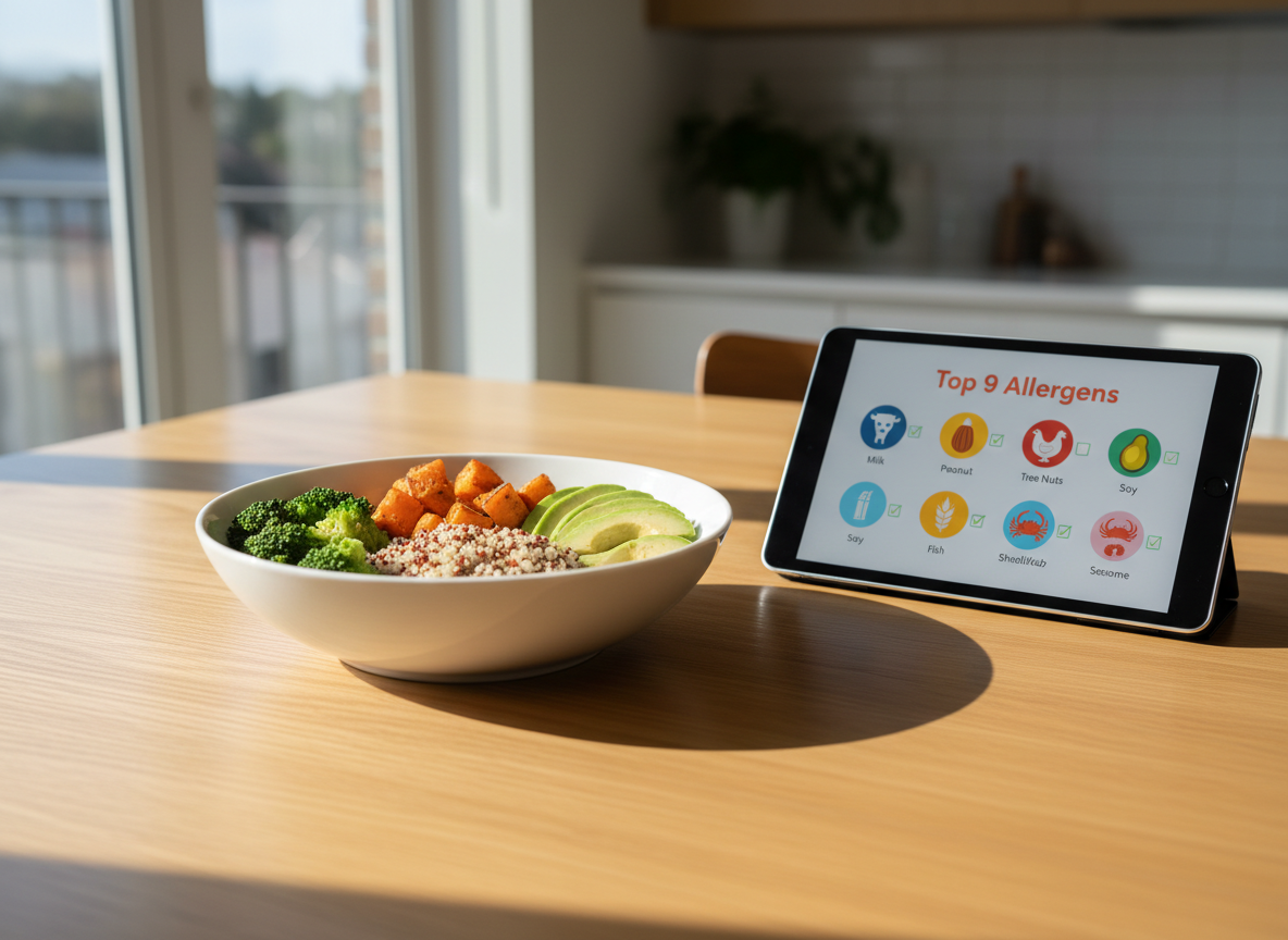 A close-up of a polished light oak dining table set with a single, pristine white porcelain bowl filled with a vibrant, clearly allergen-safe meal: quinoa, steamed broccoli, roasted sweet potato cubes, and sliced avocado, each ingredient distinctly separated. Beside the bowl lies a sleek, dark grey tablet displaying a colorful “Top 9 Allergens” infographic with icons and checkboxes, all in sharp focus. Natural afternoon light filters in from the left, casting soft highlights on the bowl’s rim and subtle shadows across the grains. The background is gently blurred, hinting at a tidy, modern kitchen. Captured at a three-quarter angle with a shallow depth of field, the mood is calm, empowering, and informative, rendered in clean, photographic realism to support professional food allergy education content.