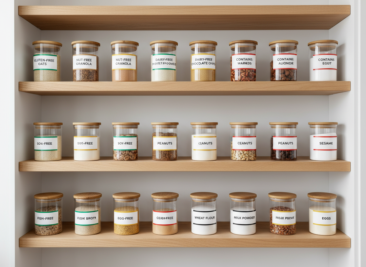 A neatly organized pantry shelf with smooth, white backing and light wood shelving, filled with rows of uniformly sized, clear storage containers. Each container has a crisp, professional label indicating either an allergen-safe food or a specific allergen, such as “Gluten-Free Oats,” “Nut-Free Granola,” “Contains: Almonds,” and “Contains: Sesame.” Color-coded label bands—green for safe, red for contains allergens—create an instantly readable system. Soft, even overcast light streams from an unseen window, minimizing harsh shadows and making every label legible. Shot straight on at eye level with sharp focus across the entire frame, the mood is orderly, reassuring, and educational. The photographic realism and minimalist, modern aesthetic make this ideal for illustrating structured home allergy management on an advocacy site.