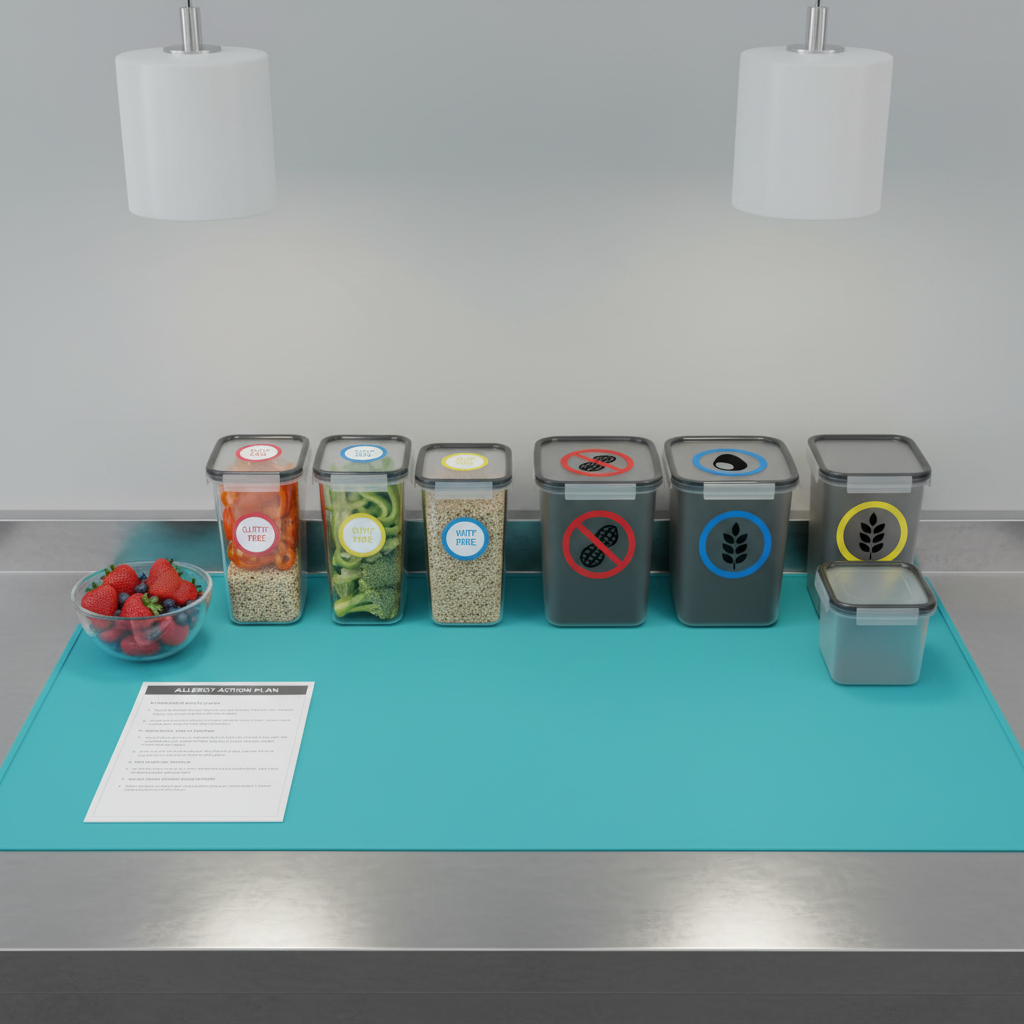 An immaculate stainless steel kitchen counter divided clearly into two zones by a bright teal silicone mat. On one side, sealed transparent containers with color-coded allergy-safe labels display fresh fruits, vegetables, and gluten-free grains. On the other side, separate closed containers marked with bold allergen icons contain peanuts, eggs, and wheat products. A laminated allergy action plan lies neatly on the safe side. Overhead, cool white pendant lights cast even, clinical lighting, creating a clean, professional atmosphere. The composition uses a slightly elevated angle with sharp focus throughout, emphasizing separation and order. The mood is reassuring, organized, and educational, with photographic realism and a modern aesthetic that underscores clear boundaries and safe food handling for allergy advocacy.
